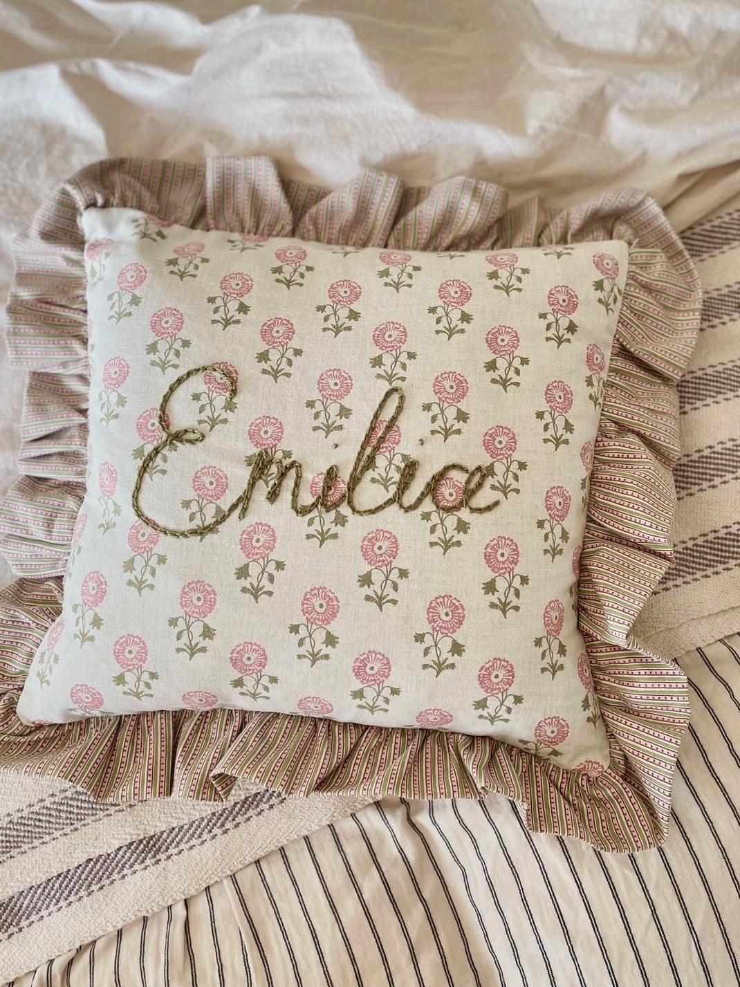 Block Print Embroidered Cushion