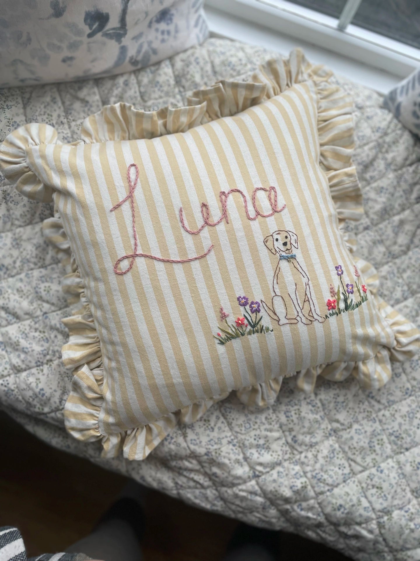 Yellow Stripe Embroidered Cushion