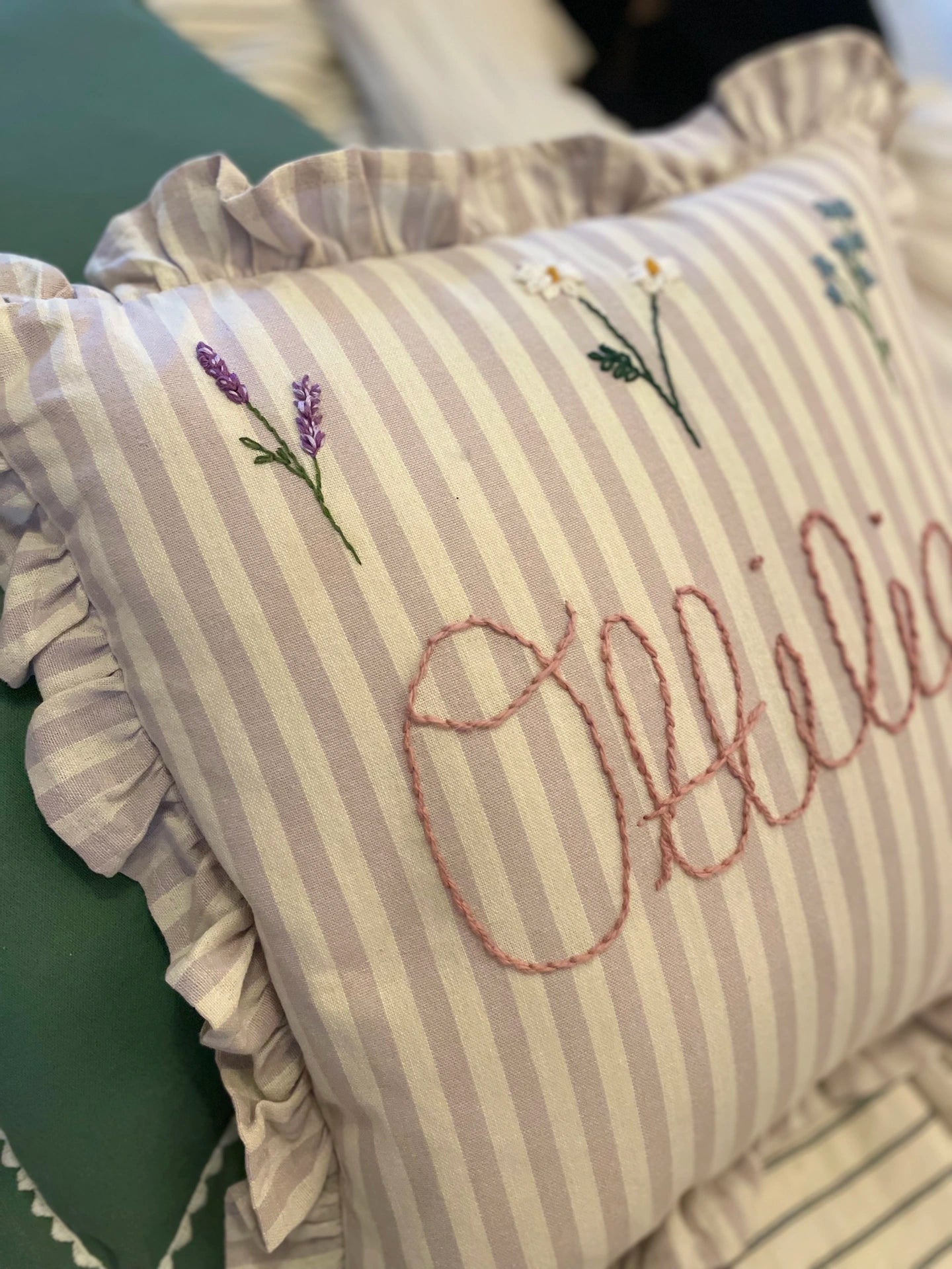 Lilac Stripe Embroidered Cushion