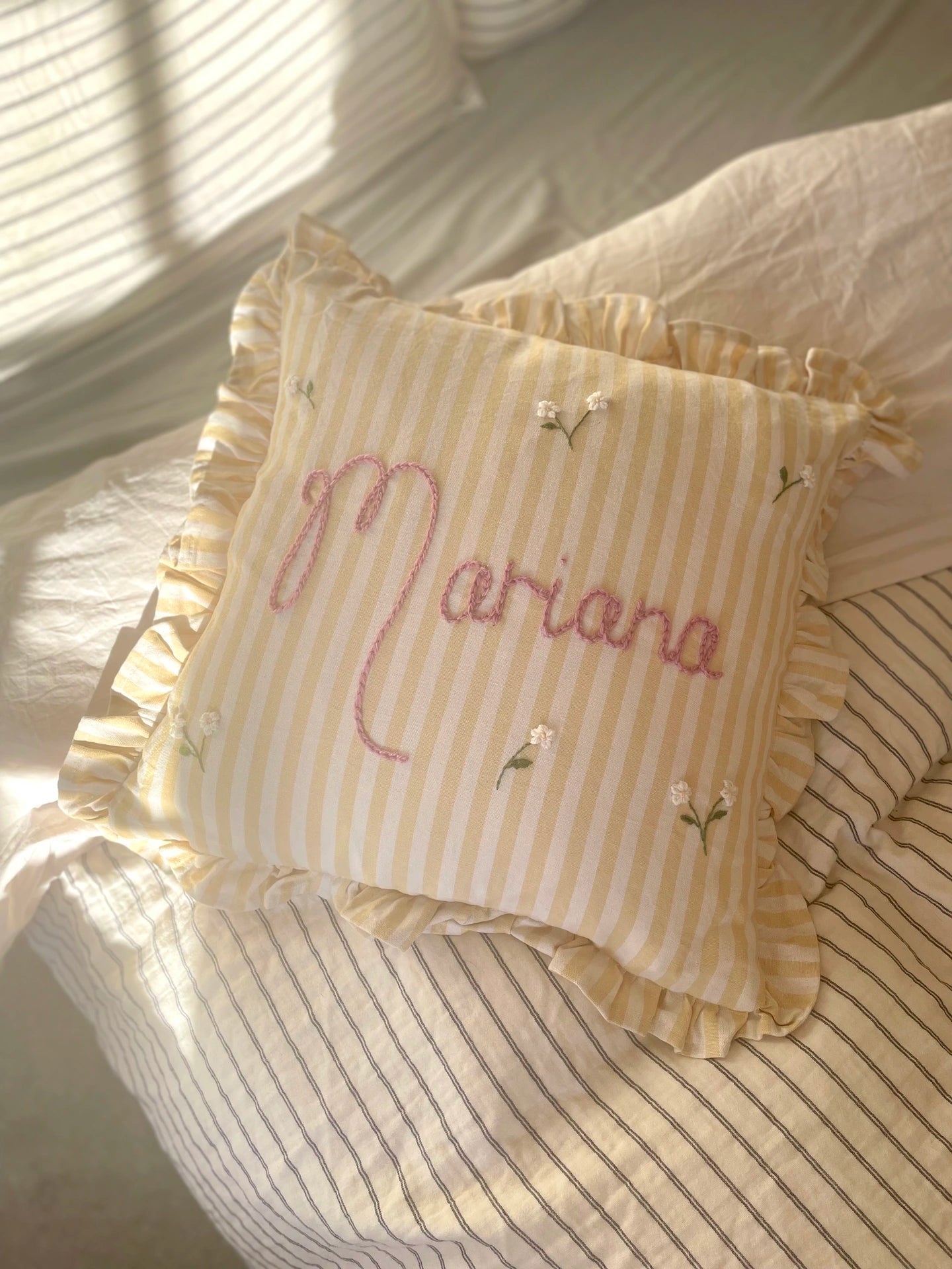 Yellow Stripe Embroidered Cushion
