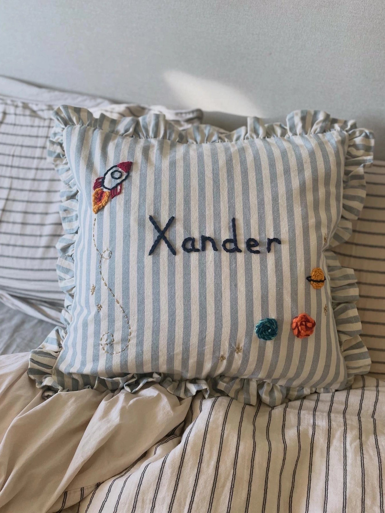 Blue Stripe Embroidered Cushion