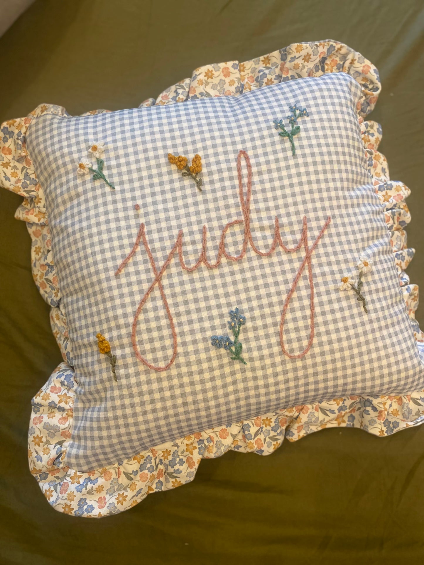 Blue Gingham Embroidered Cushion with Floral Trim