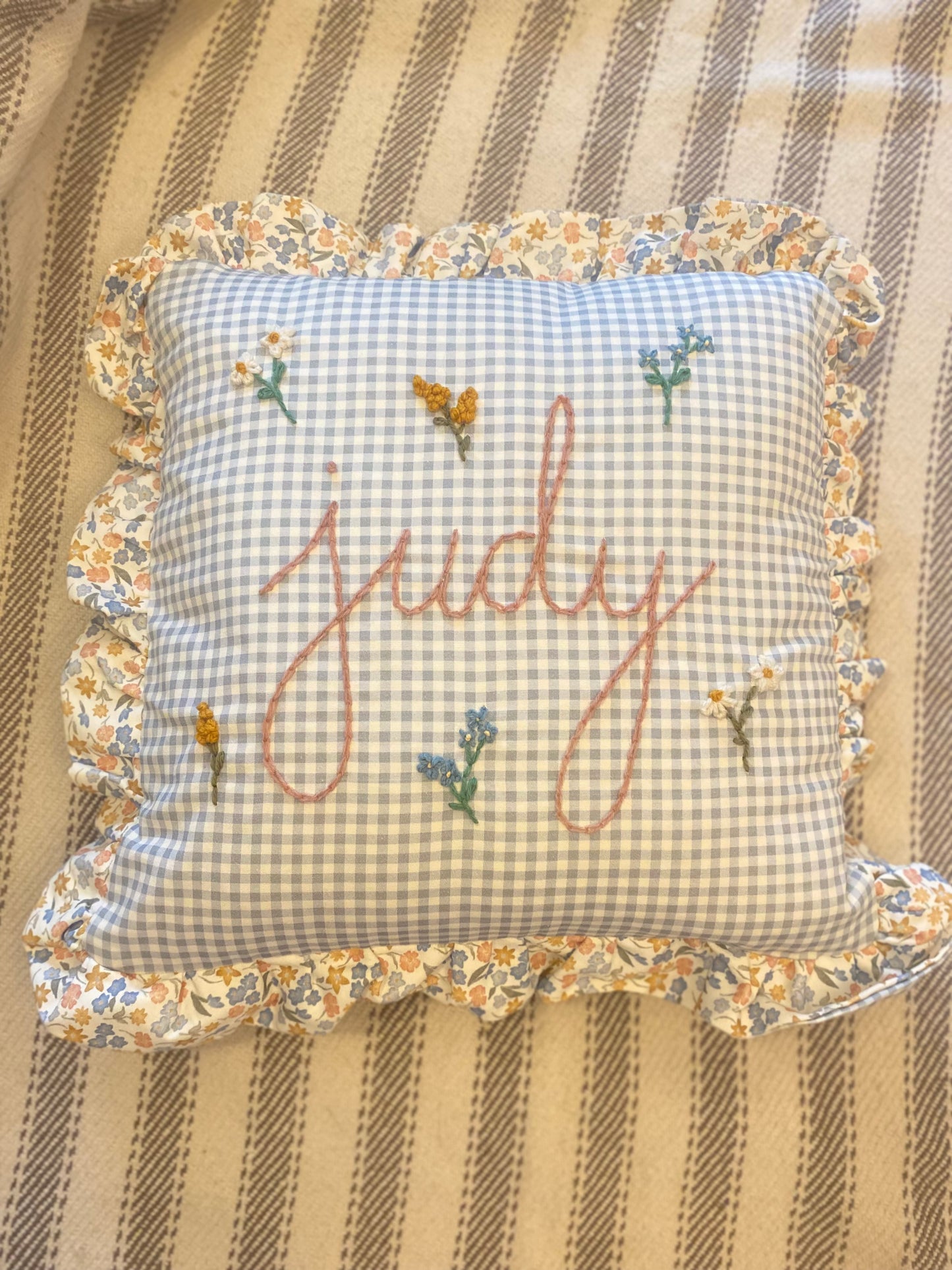 Blue Gingham Embroidered Cushion with Floral Trim