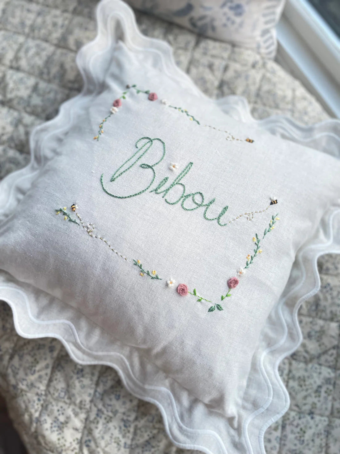 Cream Scallop Trim Embroidered Cushion