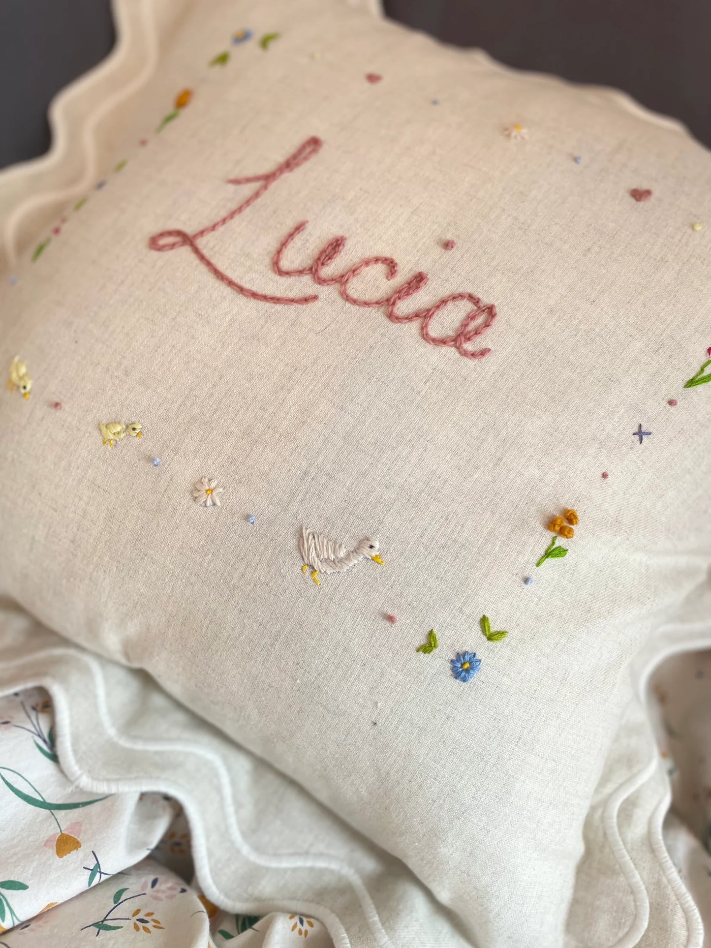 Cream Scallop Trim Embroidered Cushion