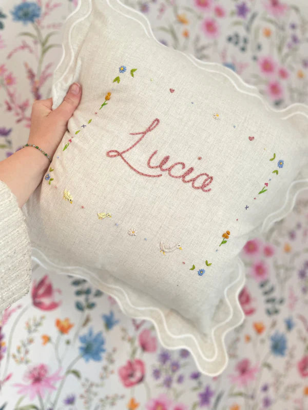 Cream Scallop Trim Embroidered Cushion