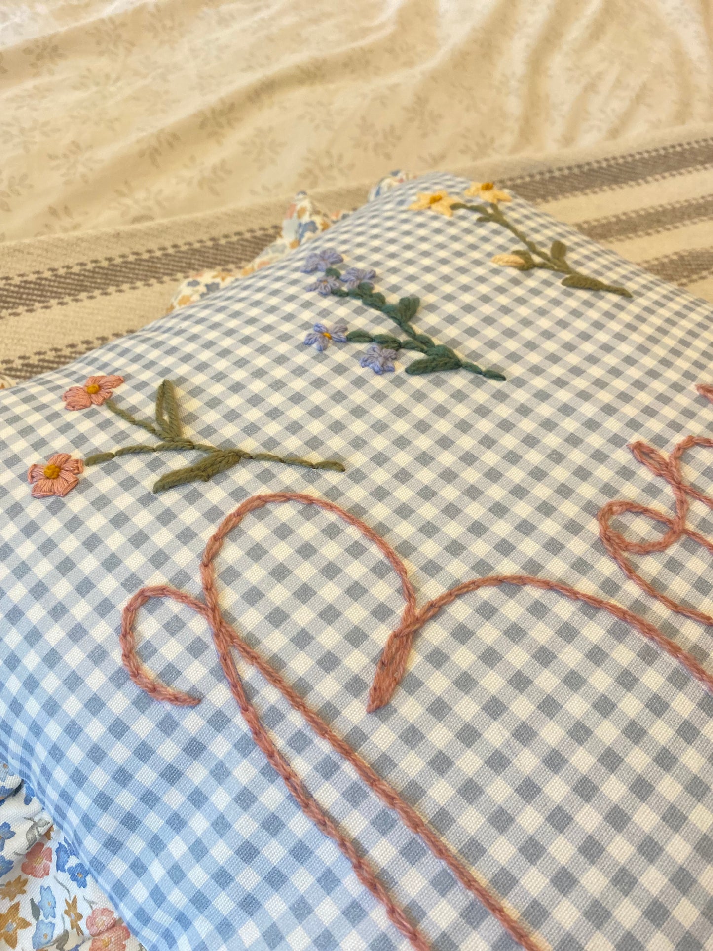 Blue Gingham Embroidered Cushion with Floral Trim