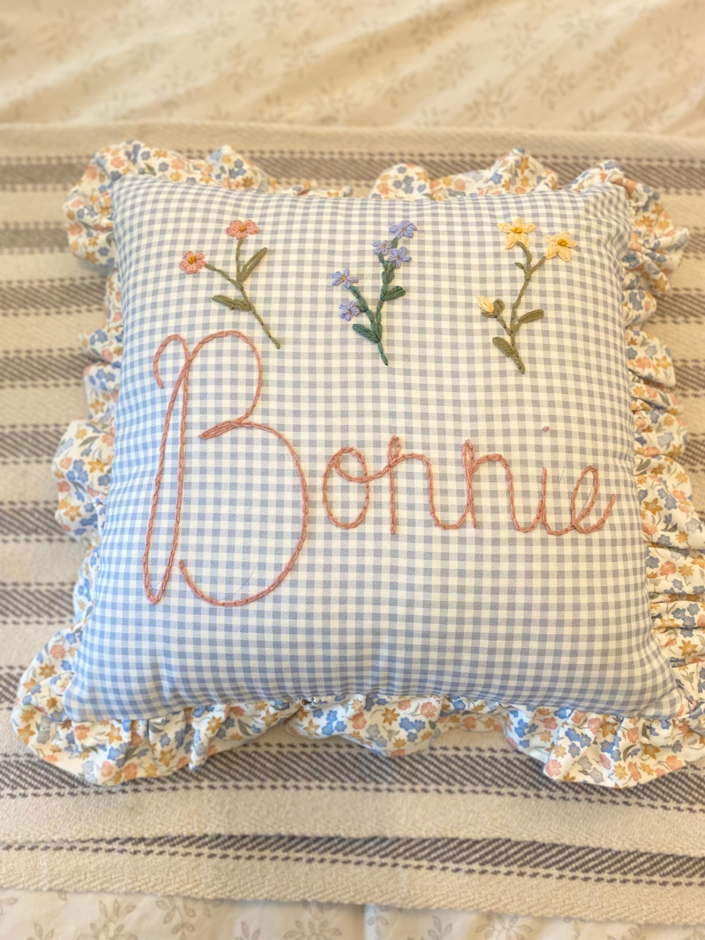 Blue Gingham Embroidered Cushion with Floral Trim
