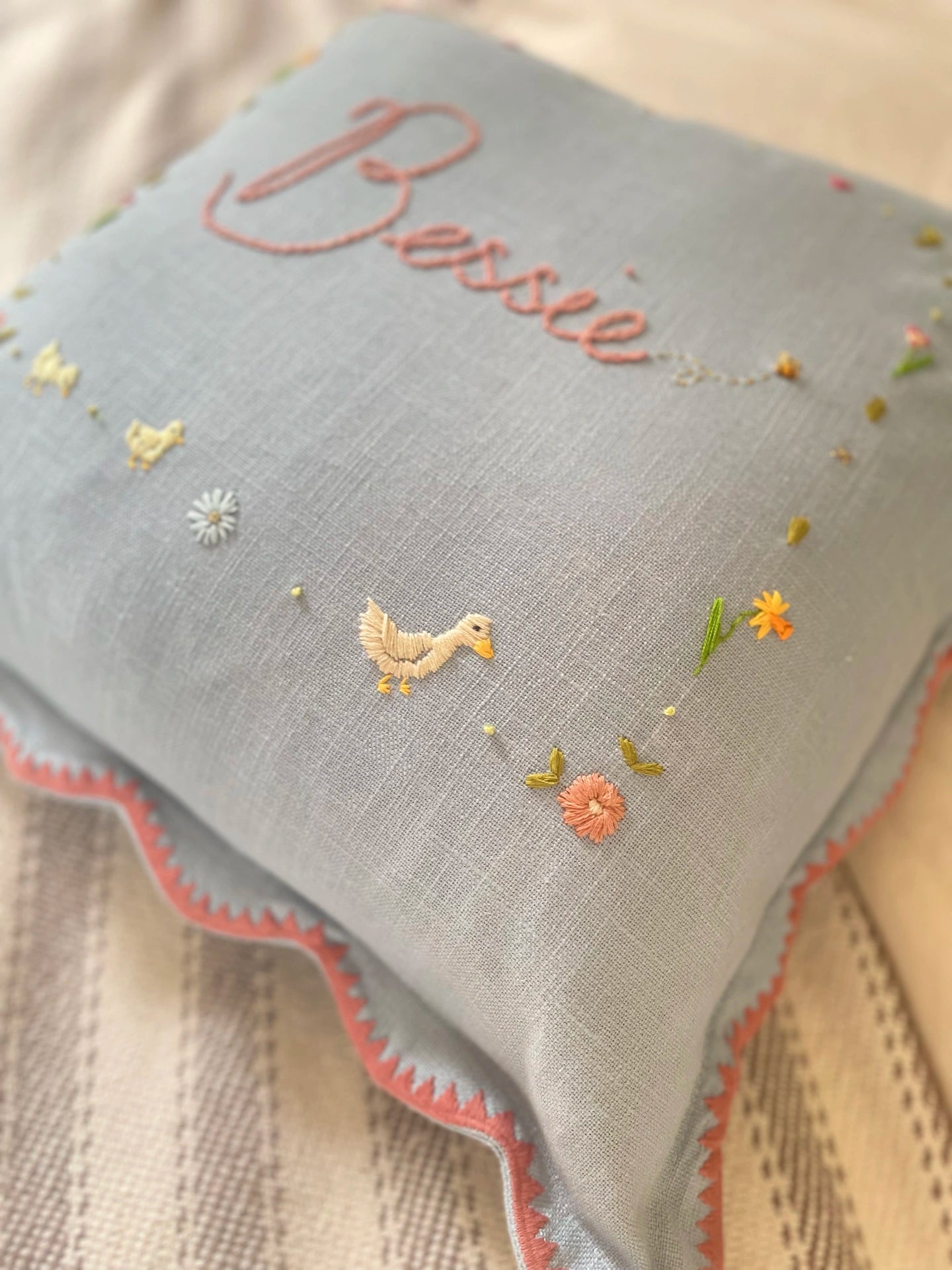 Scallop Trim Blue Embroidered Cushion