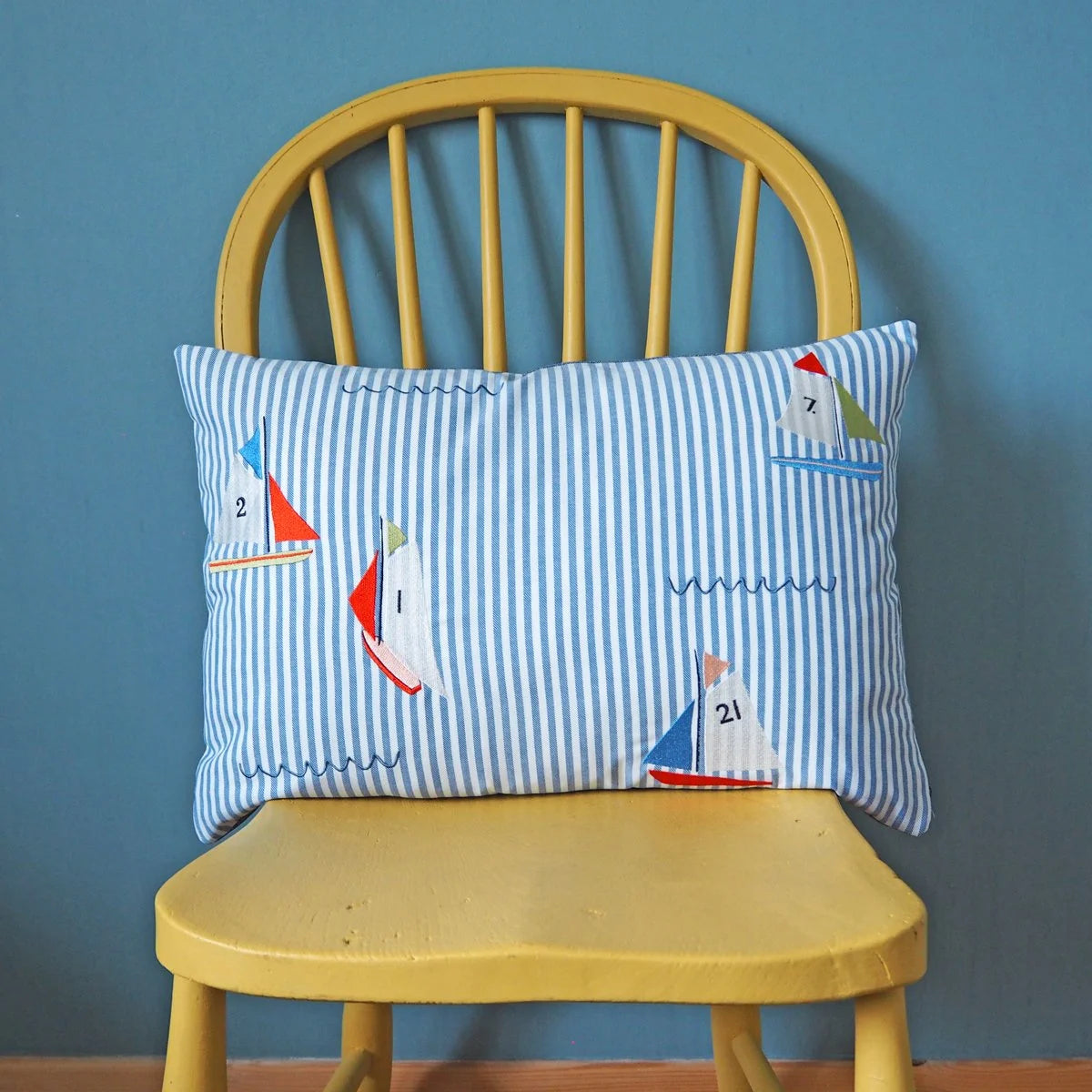 Boating Pond Embroidered Striped Cotton Cushion