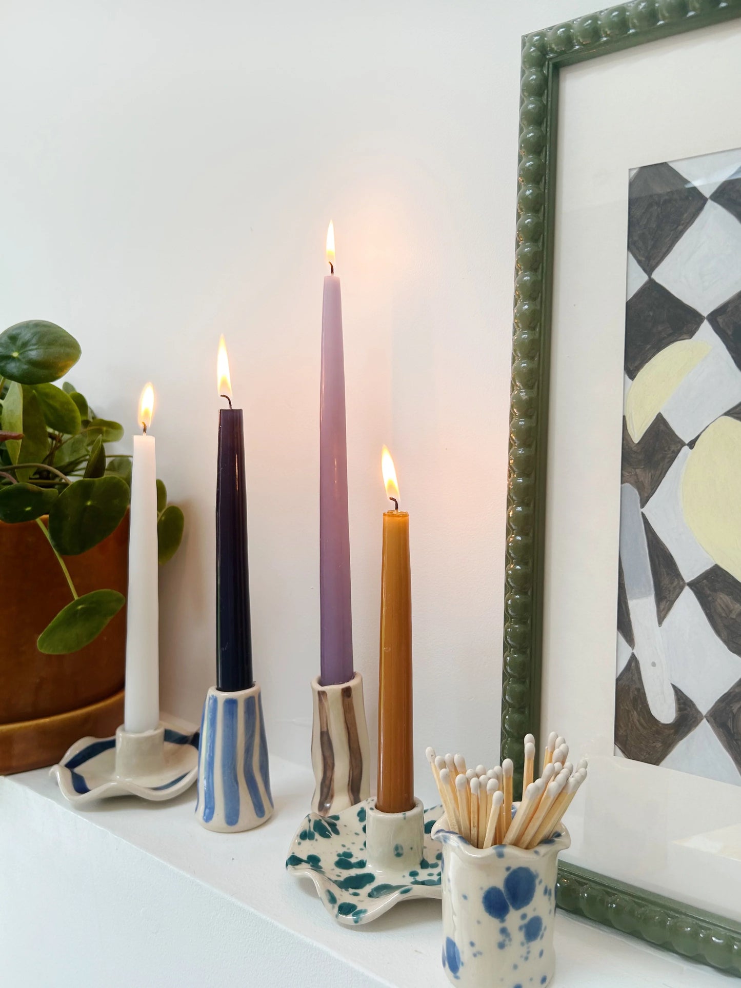 Handmade Stoneware Wonky Candle Holder - Blue Stripe