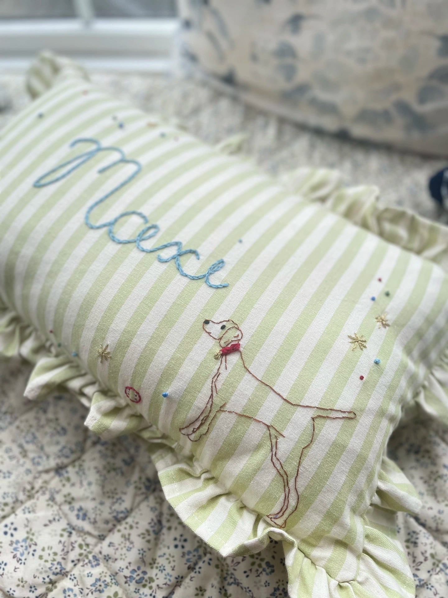 Green Stripe Embroidered Cushion
