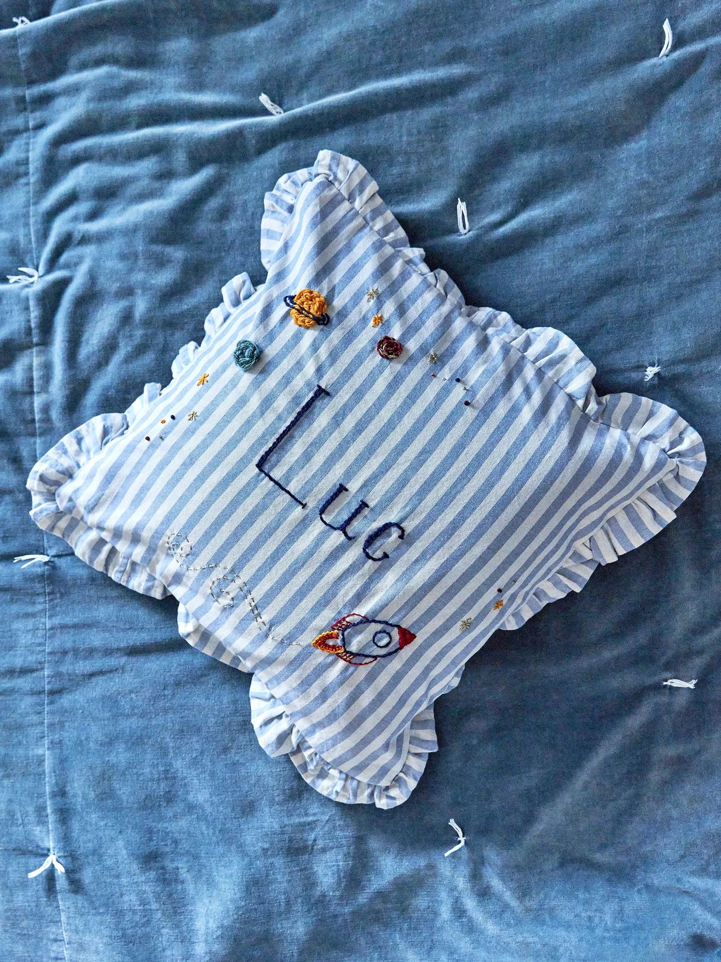 Blue Stripe Embroidered Cushion