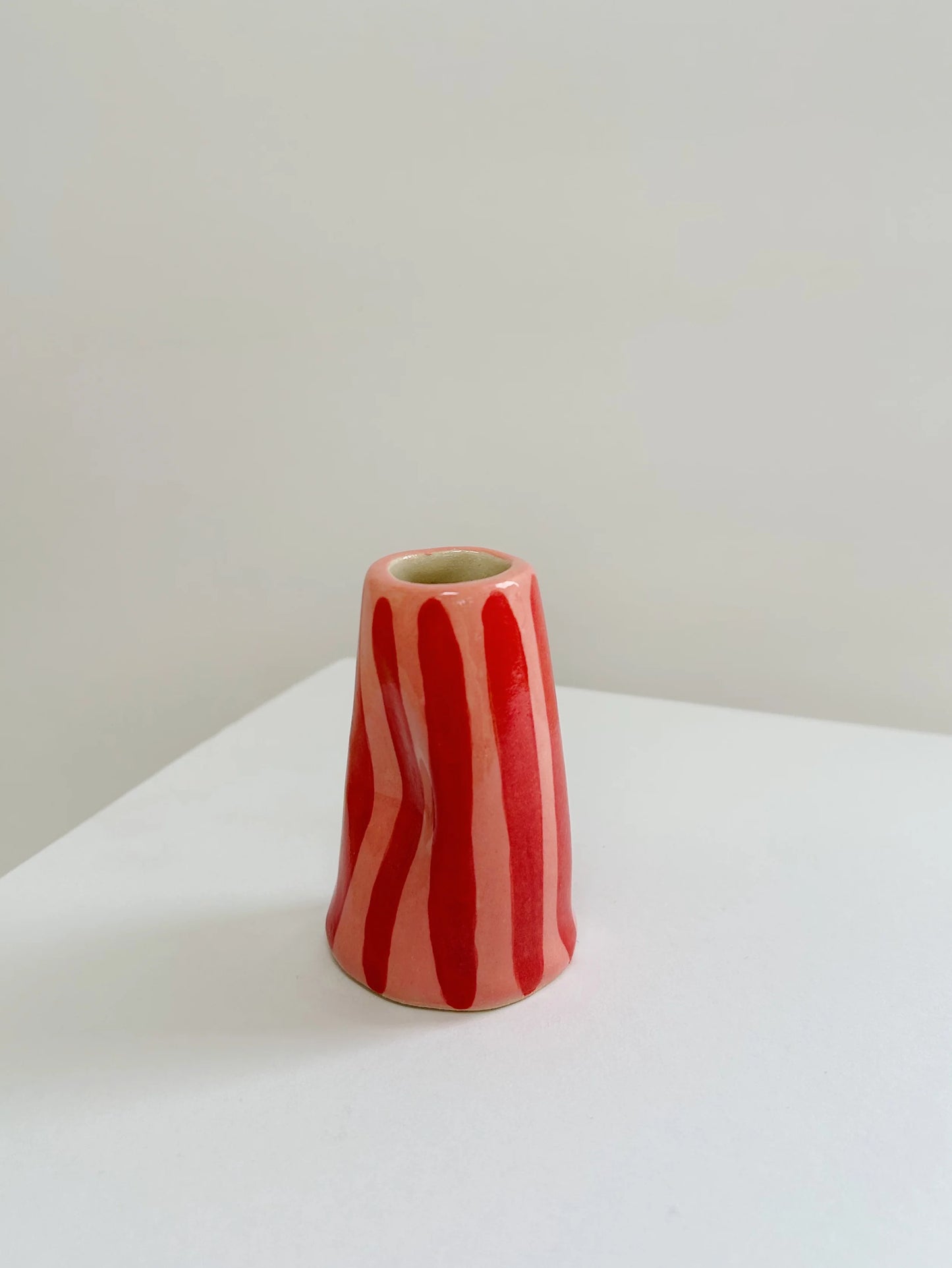 Handmade Stoneware Wonky Candle Holder - Red Stripe