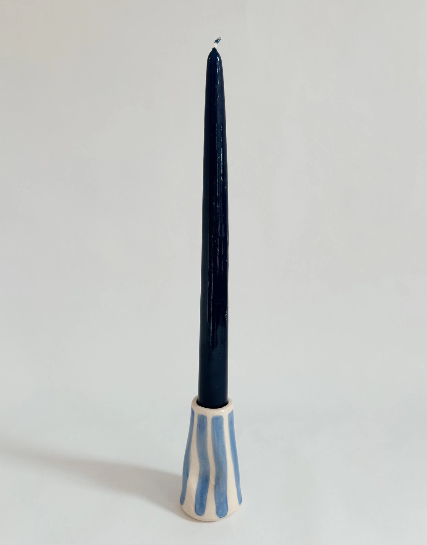 Handmade Stoneware Wonky Candle Holder - Blue Stripe