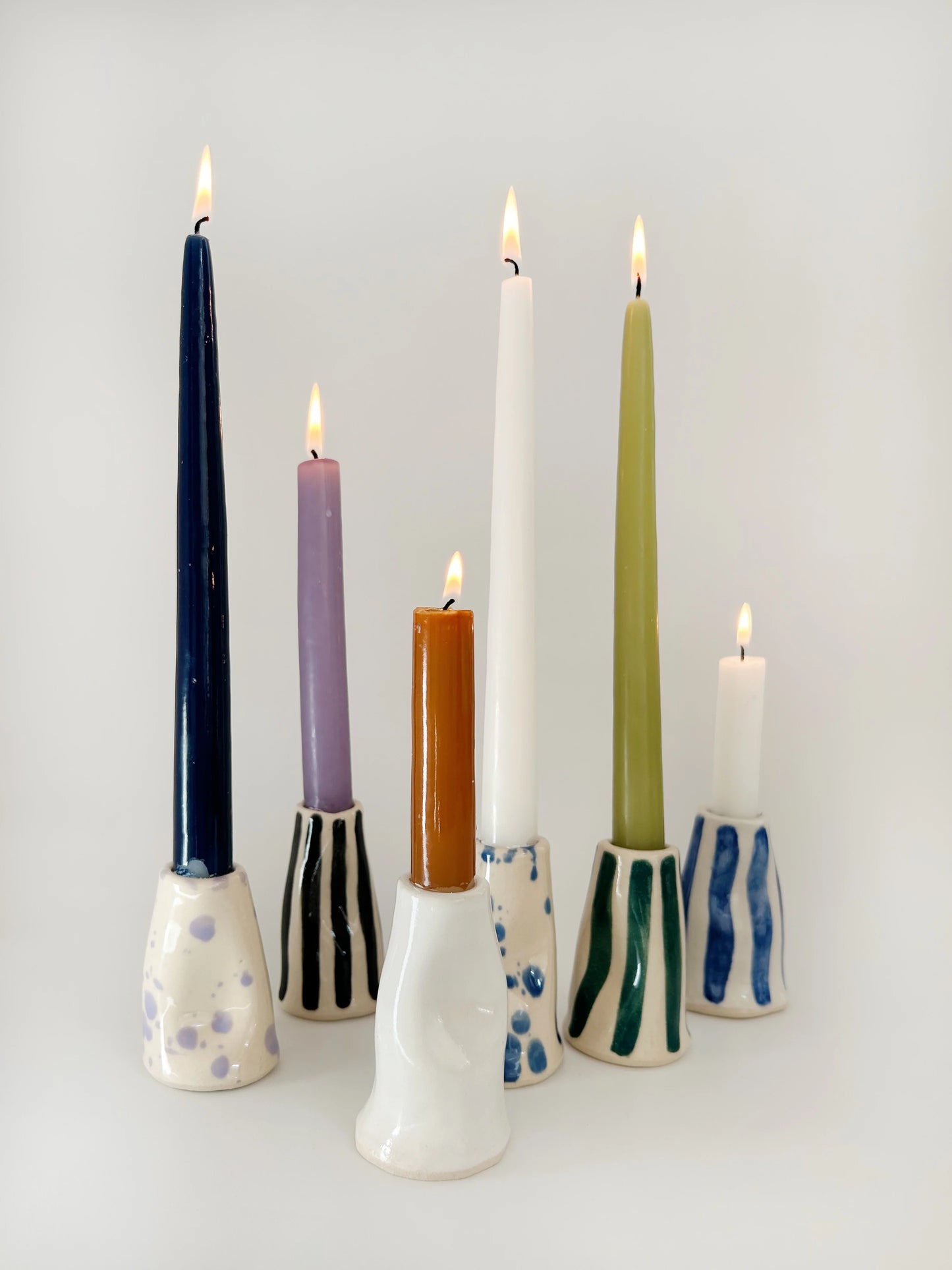 Handmade Stoneware Wonky Candle Holder - Blue Stripe