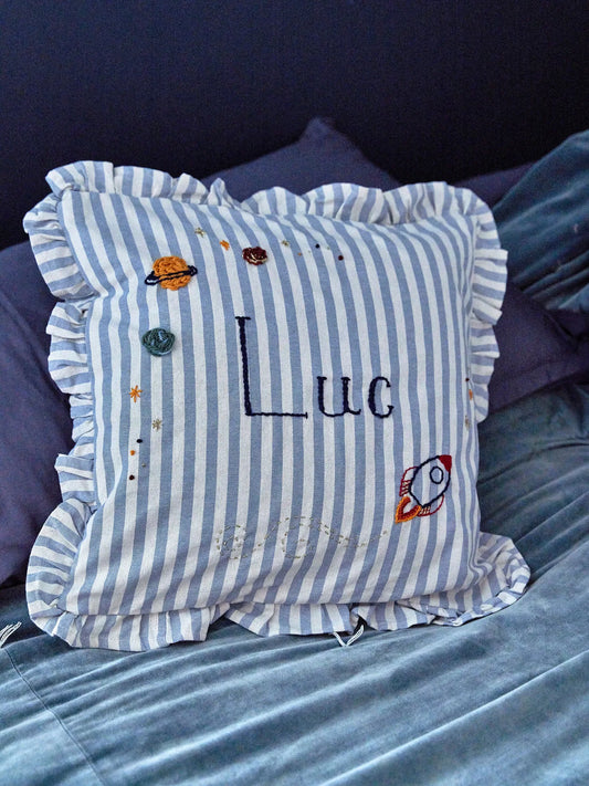 Blue Stripe Embroidered Cushion