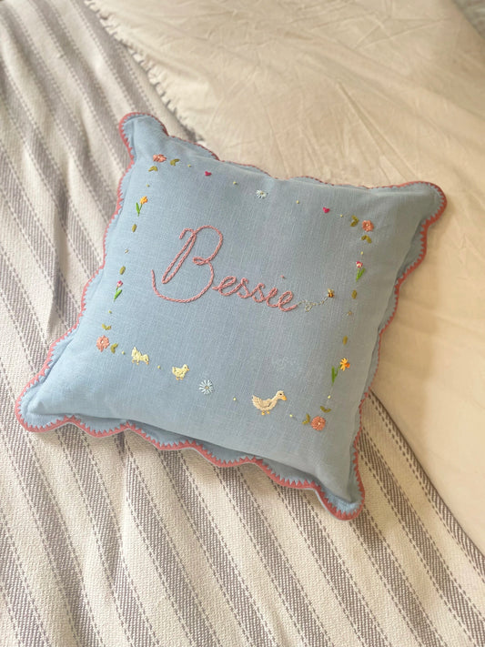 Scallop Trim Blue Embroidered Cushion