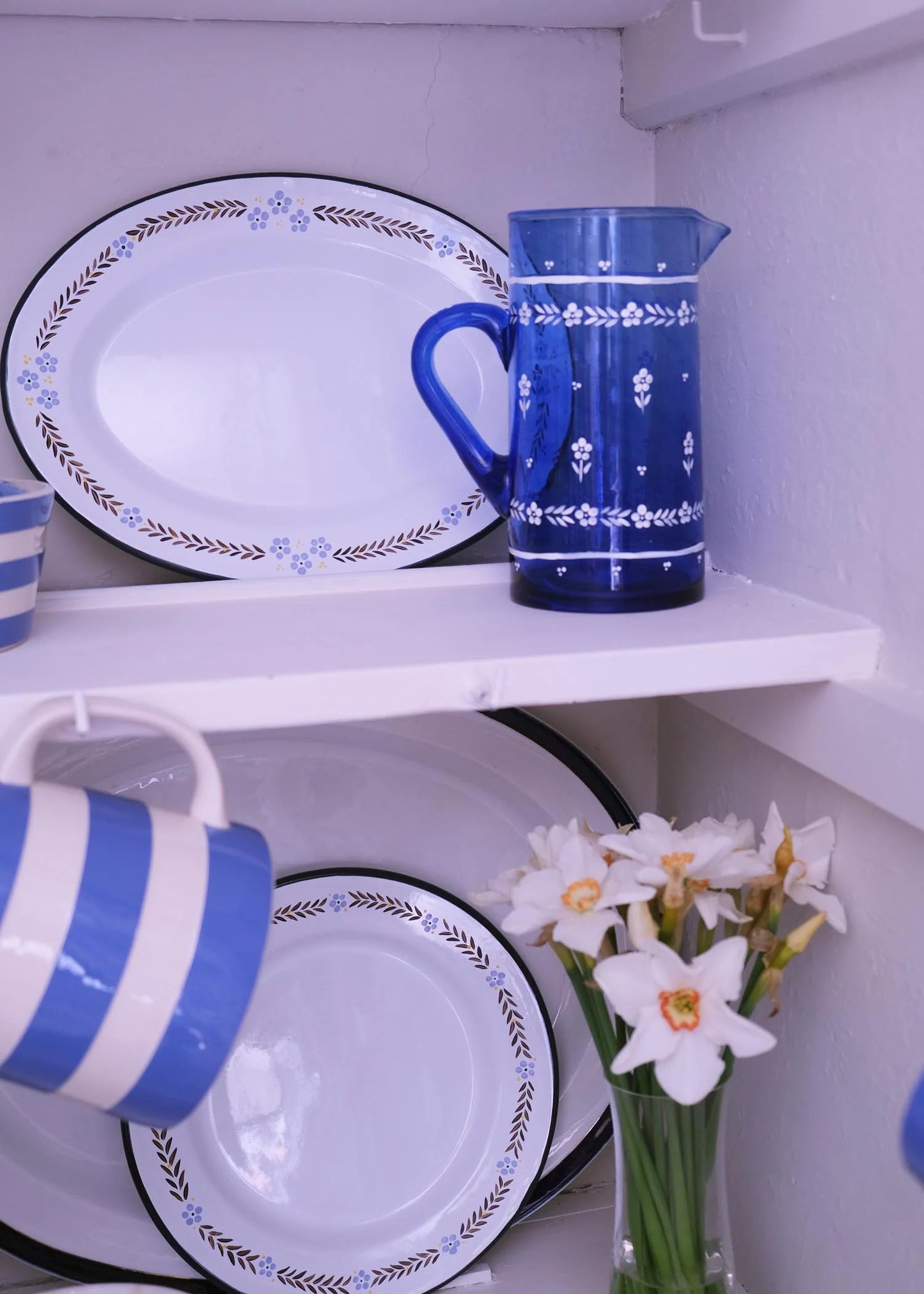 Floral Enamel Blue Rimmed Oval Platter