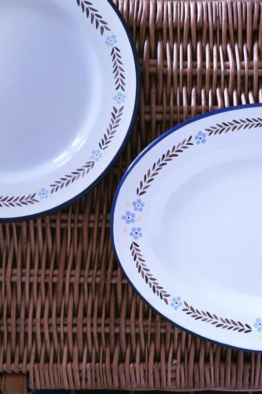 Floral Enamel Blue Rimmed Oval Platter