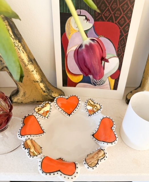 Orange & Gold Hearts Small Round Dish