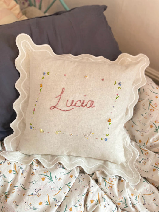 Cream Scallop Trim Embroidered Cushion