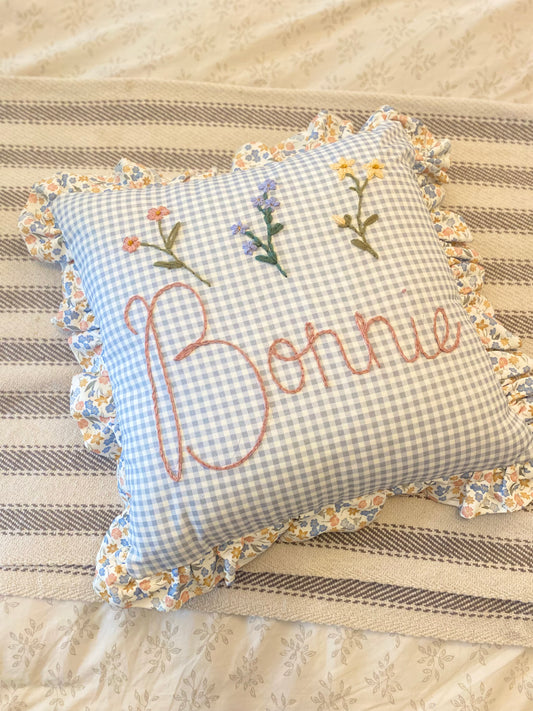 Blue Gingham Embroidered Cushion with Floral Trim