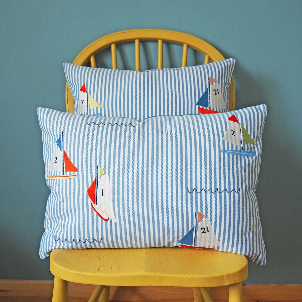 Boating Pond Embroidered Striped Cotton Cushion
