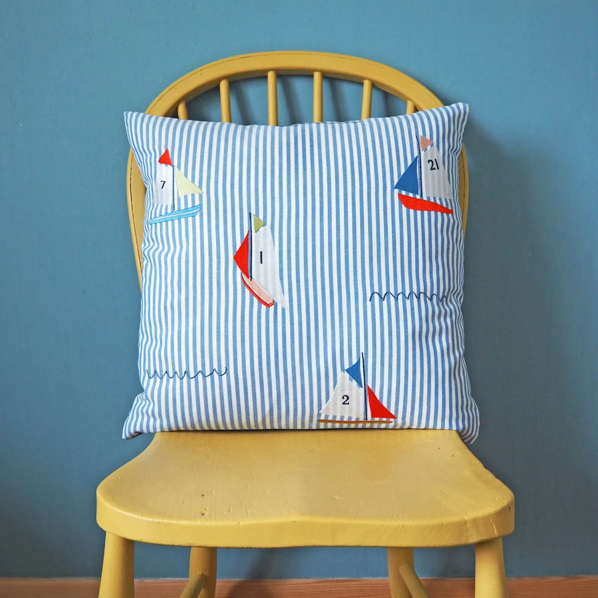 Boating Pond Embroidered Striped Cotton Cushion