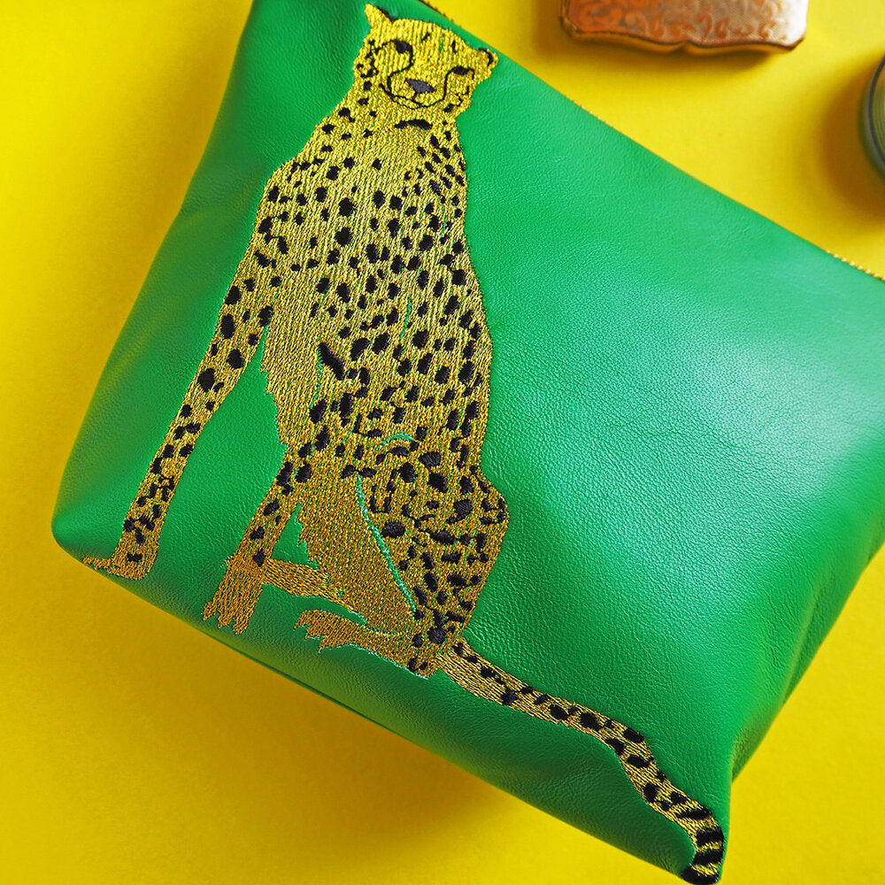 Embroidered Cheetah Green Leather Bag