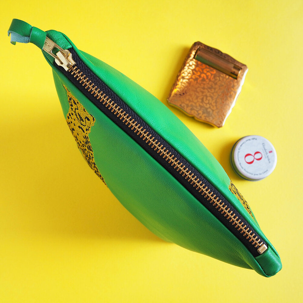 Embroidered Cheetah Green Leather Bag