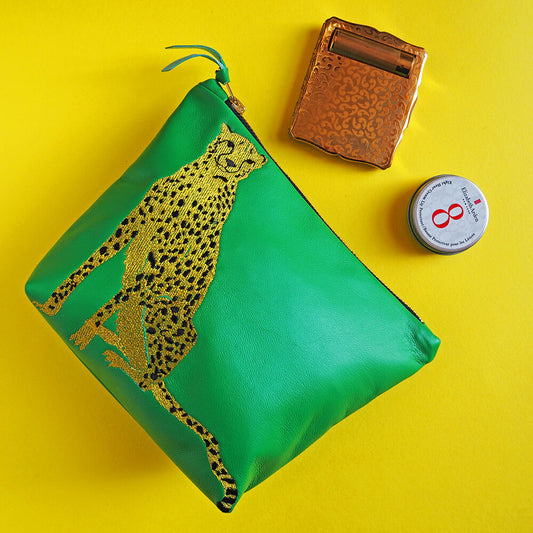 Embroidered Cheetah Green Leather Bag