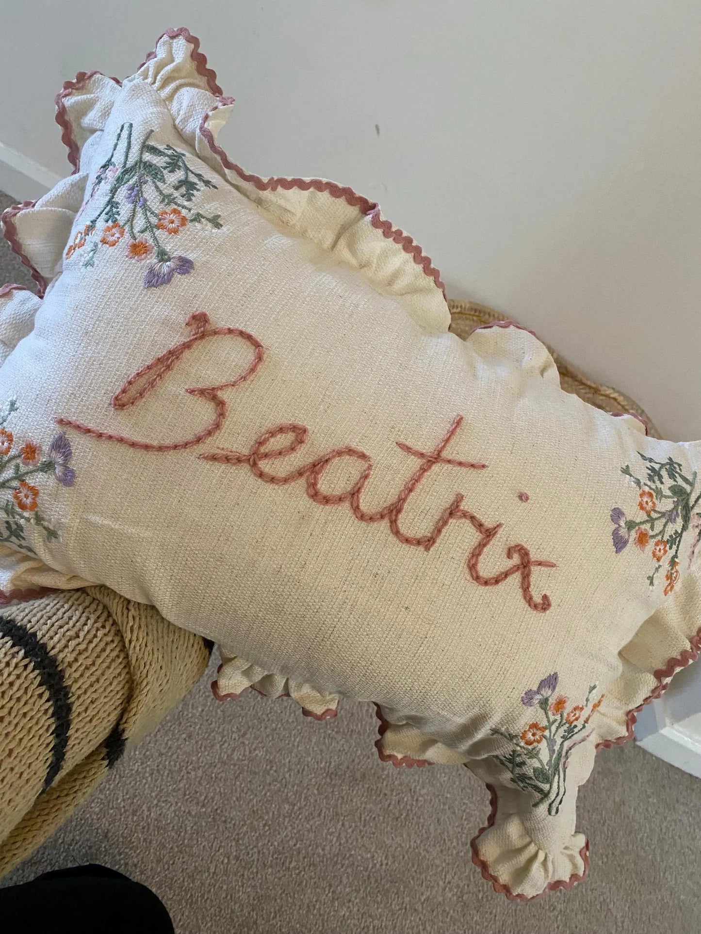 Ruffle Trim Embroidered Cushion
