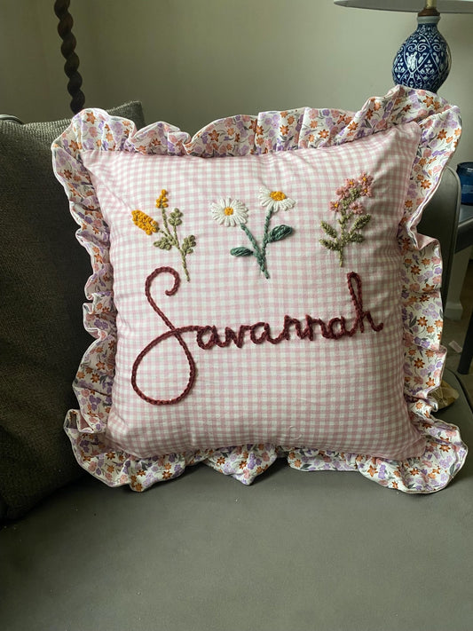 Ditsy Gingham Embroidered Cushion