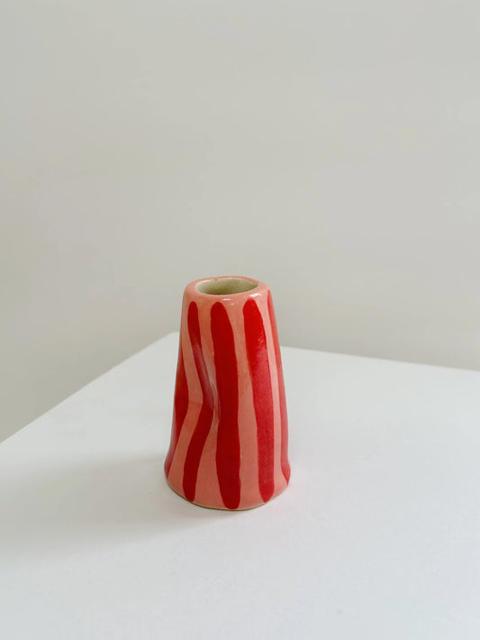 Handmade Stoneware Wonky Candle Holder - Red Stripe