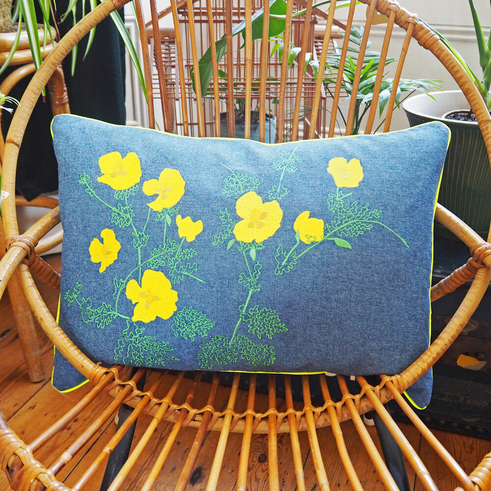 Embroidered Wild Poppy Cushion