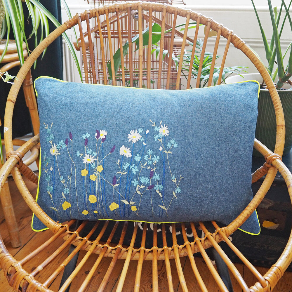 Wildflowers Embroidered Denim Cushion