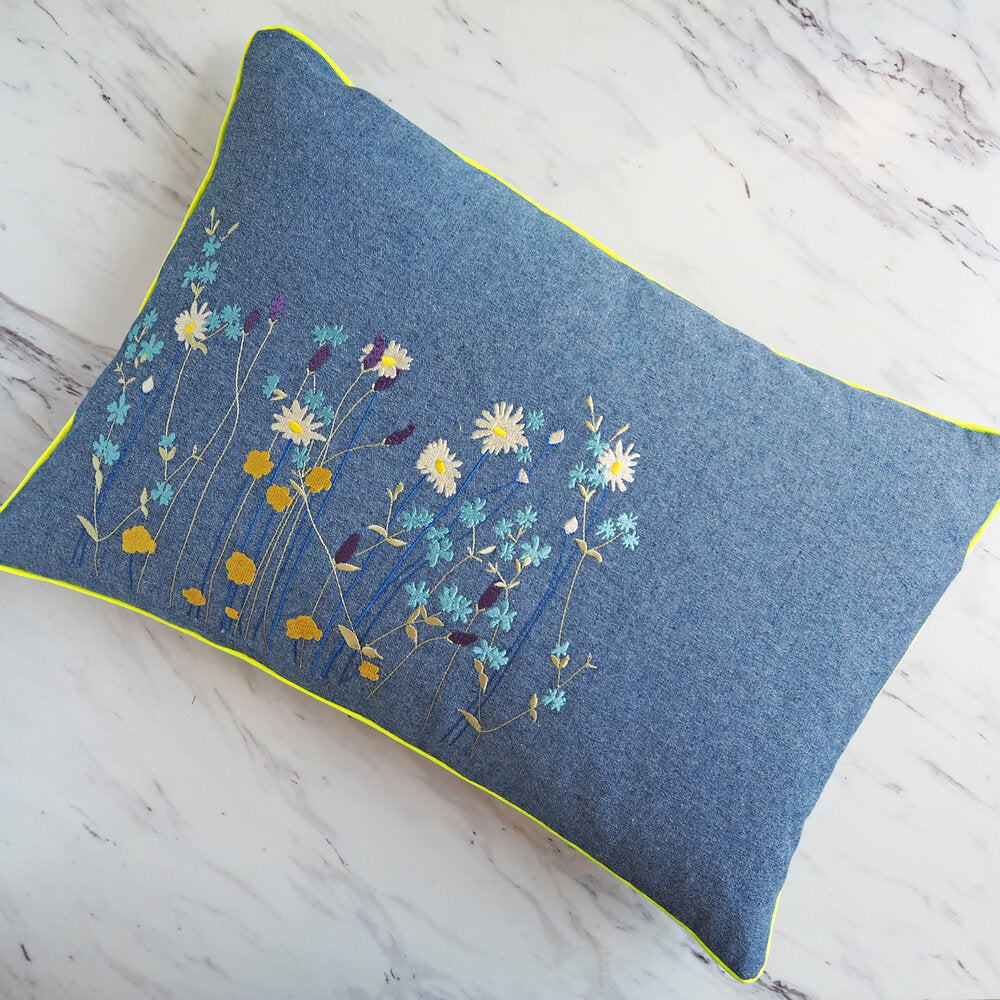 Wildflowers Embroidered Denim Cushion