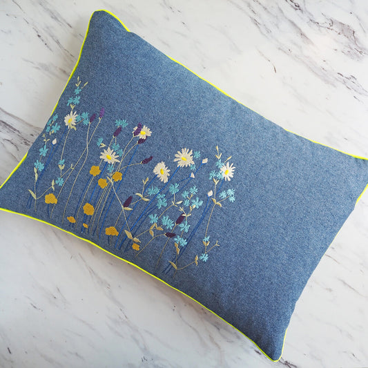 Wildflowers Embroidered Denim Cushion