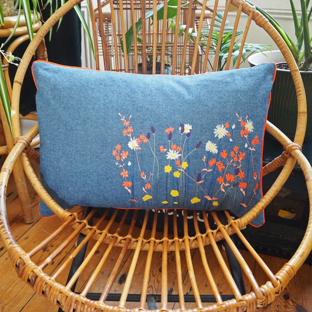 Wildflowers Embroidered Denim Cushion