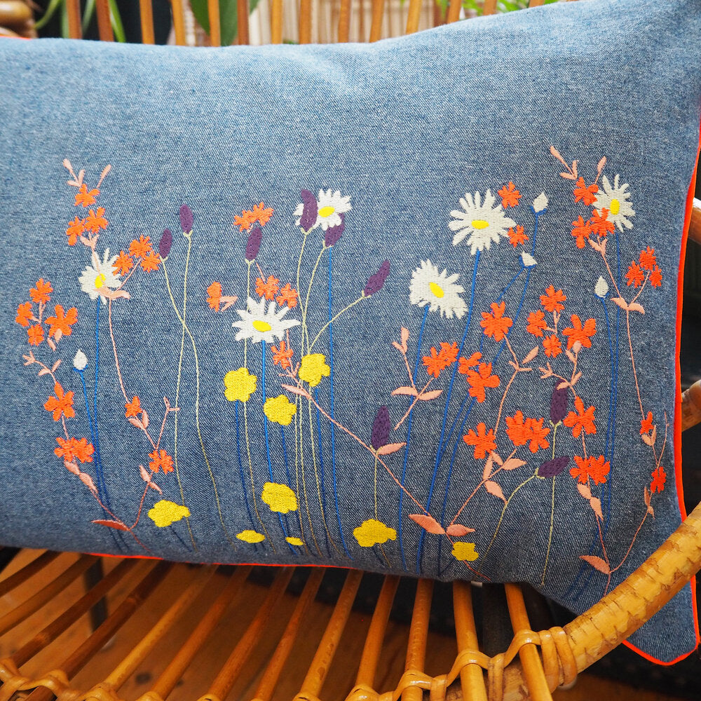 Wildflowers Embroidered Denim Cushion