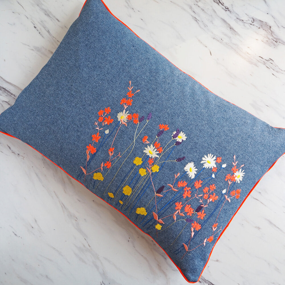 Wildflowers Embroidered Denim Cushion