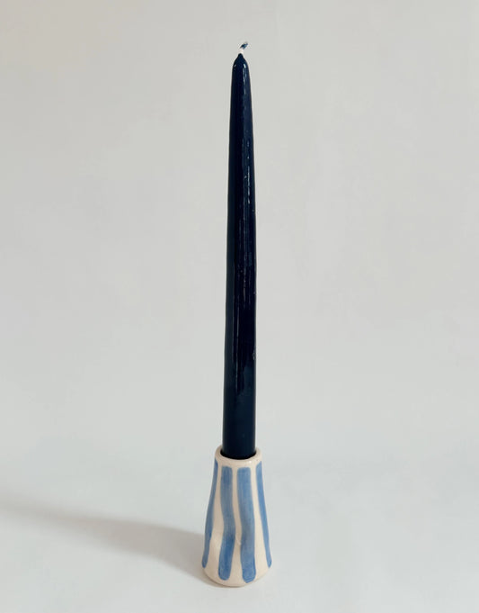 Handmade Stoneware Wonky Candle Holder - Blue Stripe